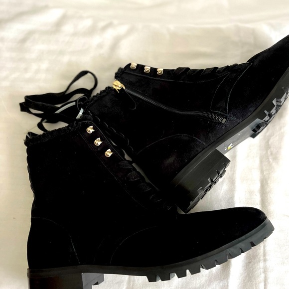 New Kate Spade Black Suede Sherpa Trimmed Lace Up Booties Silver Hardware - Picture 3 of 9